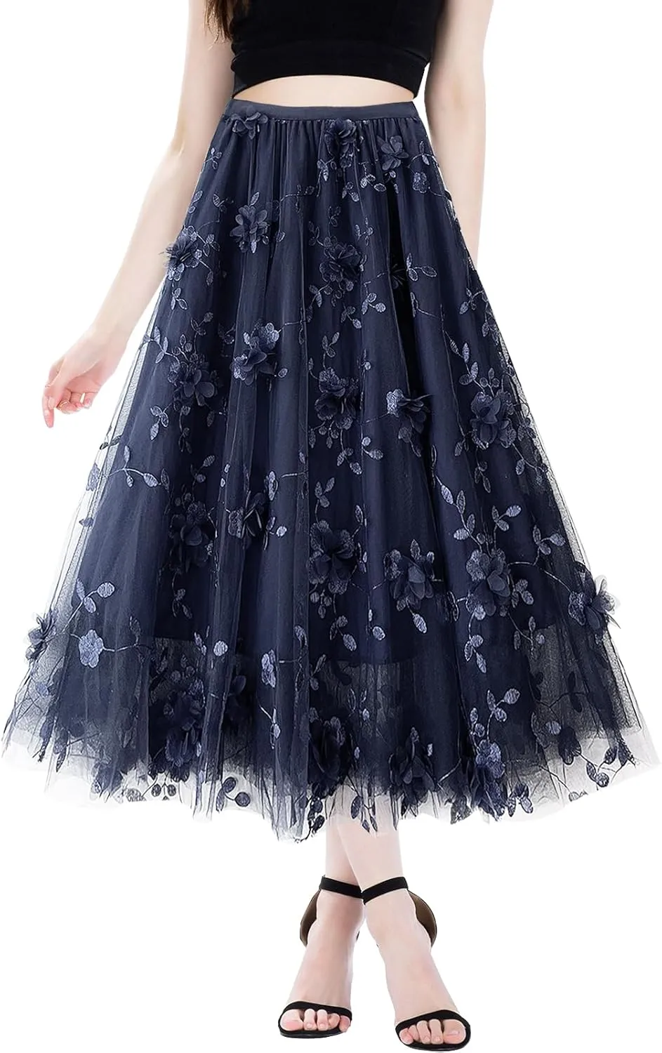 Women's A Line Tulle Midi Skirt Tutu Tiered Petticoat Skirts Tea-Length Elastic Waist Tutu Skirts