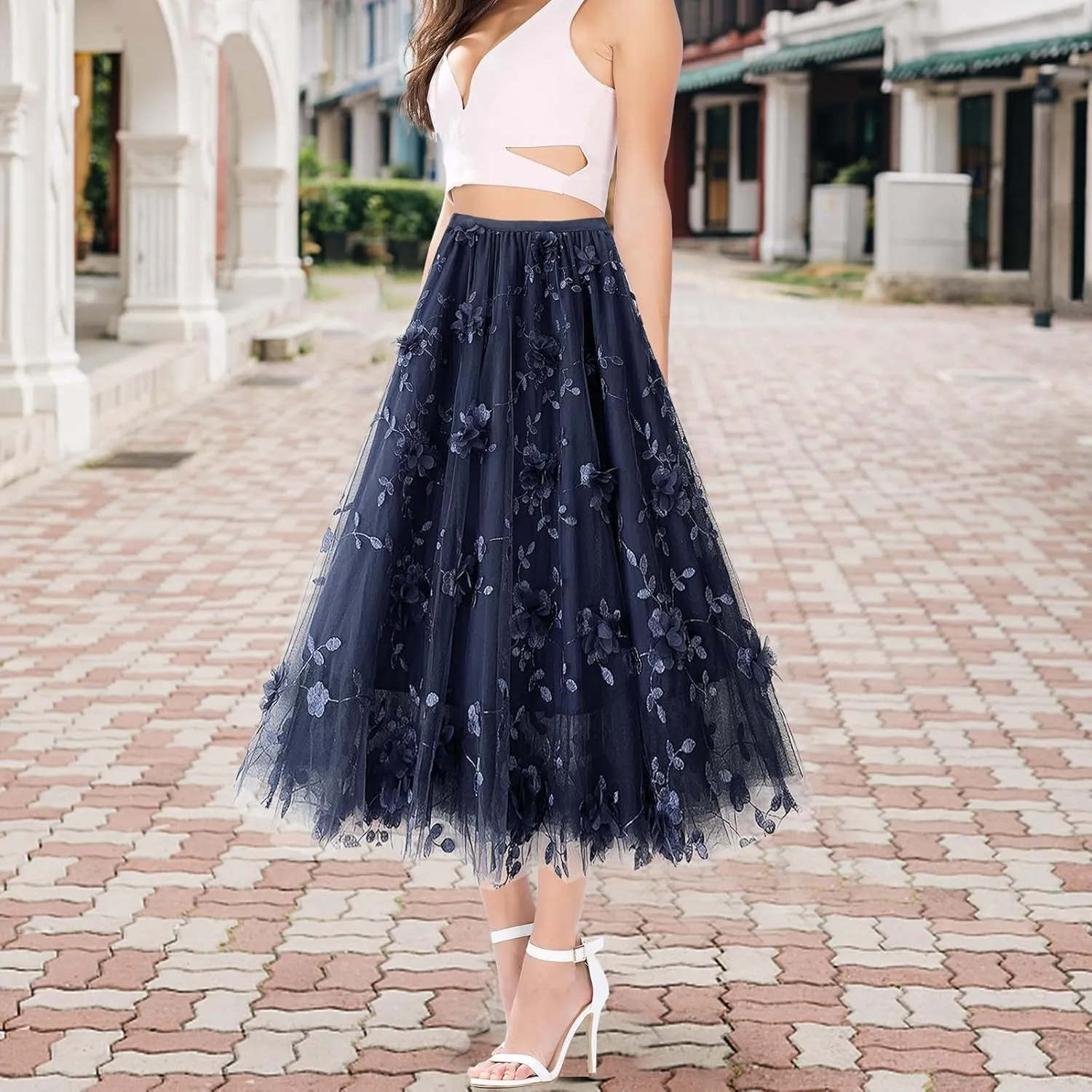 Women's A Line Tulle Midi Skirt Tutu Tiered Petticoat Skirts Tea-Length Elastic Waist Tutu Skirts