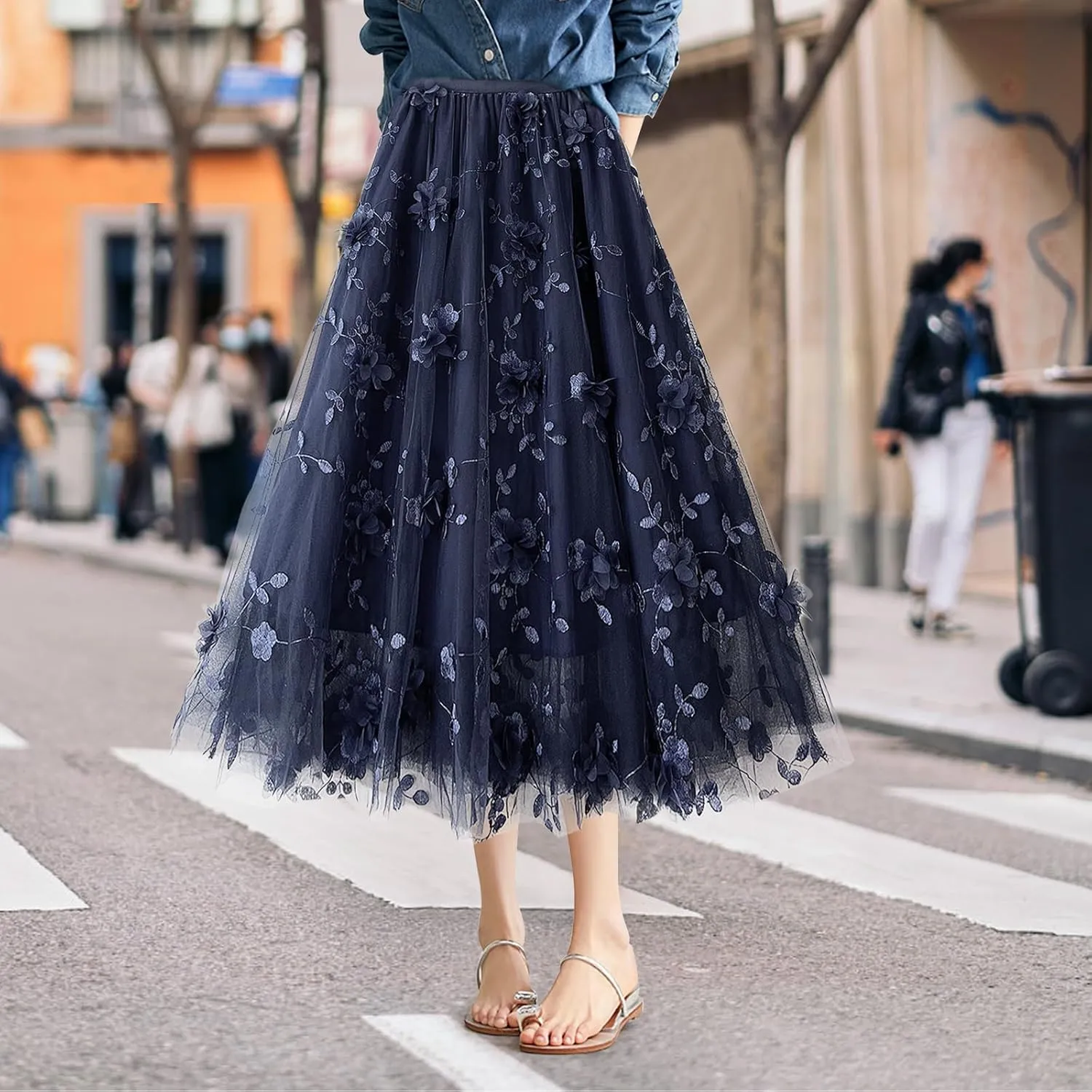 Women's A Line Tulle Midi Skirt Tutu Tiered Petticoat Skirts Tea-Length Elastic Waist Tutu Skirts