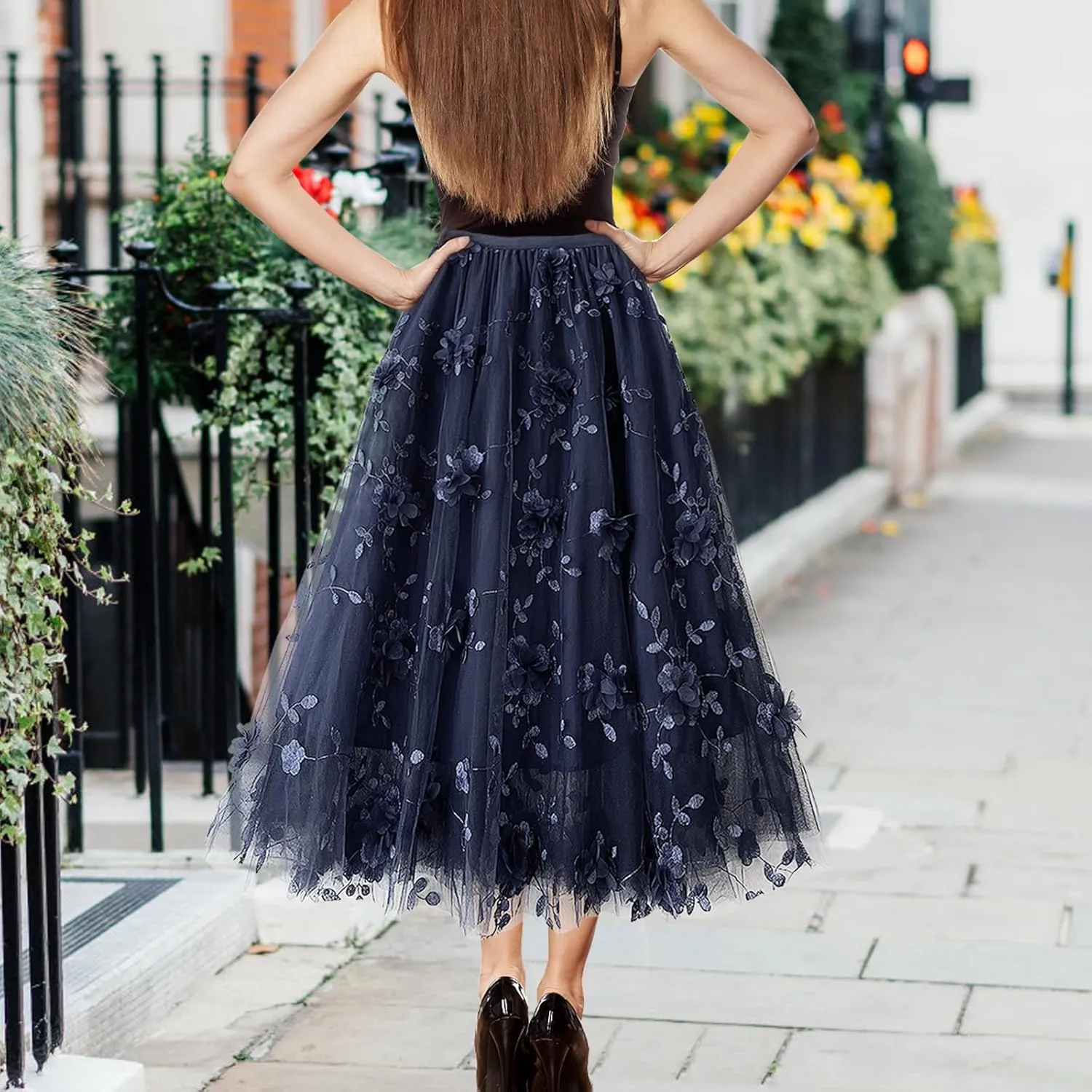 Women's A Line Tulle Midi Skirt Tutu Tiered Petticoat Skirts Tea-Length Elastic Waist Tutu Skirts
