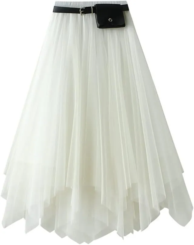 Women's A-Line Tulle Skirt - Asymmetric Multilayer Mesh, Elastic Waist, Belted Princess Skirt