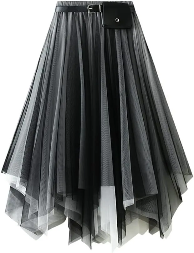 Women's A-Line Tulle Skirt - Asymmetric Multilayer Mesh, Elastic Waist, Belted Princess Skirt