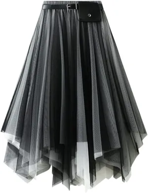Women's A-Line Tulle Skirt - Asymmetric Multilayer Mesh, Elastic Waist, Belted Princess Skirt