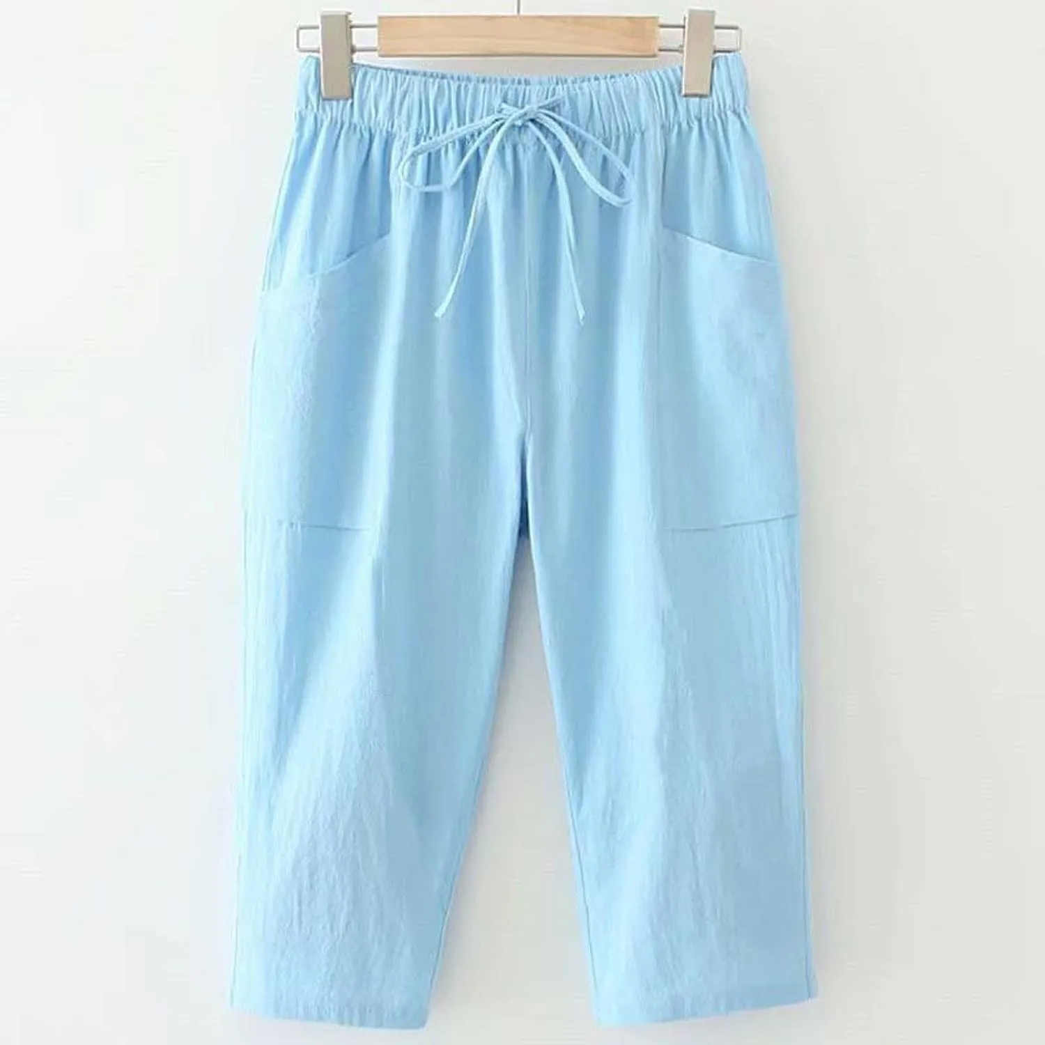 Womens Baggy Wide Leg Pants Womens Linen Casual High Waist with Pockets Elastic Waist Cropped Work Pants