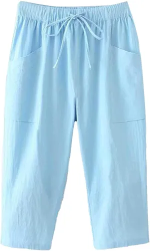 Womens Baggy Wide Leg Pants Womens Linen Casual High Waist with Pockets Elastic Waist Cropped Work Pants