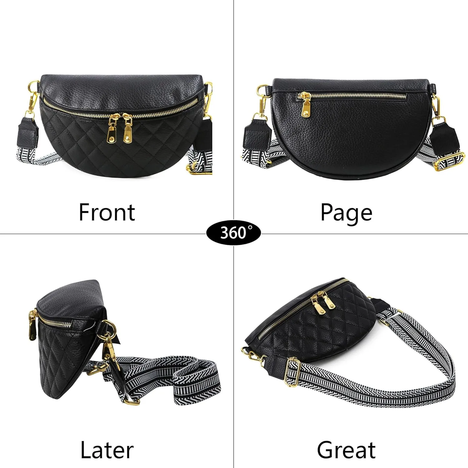 Women's Black Faux Leather Vegan Fanny Pack Crossbody Bag Sling Bag 13 inches