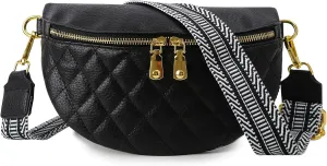 Women's Black Faux Leather Vegan Fanny Pack Crossbody Bag Sling Bag 13 inches