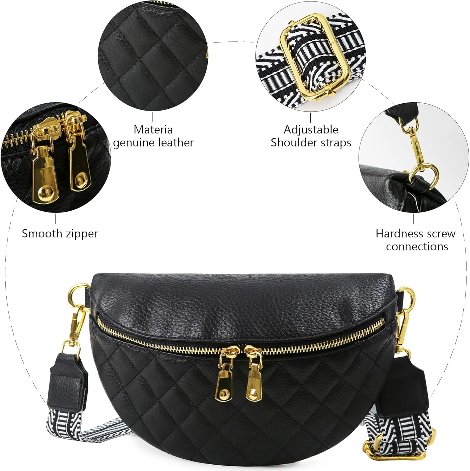 Women's Black Faux Leather Vegan Fanny Pack Crossbody Bag Sling Bag 13 inches