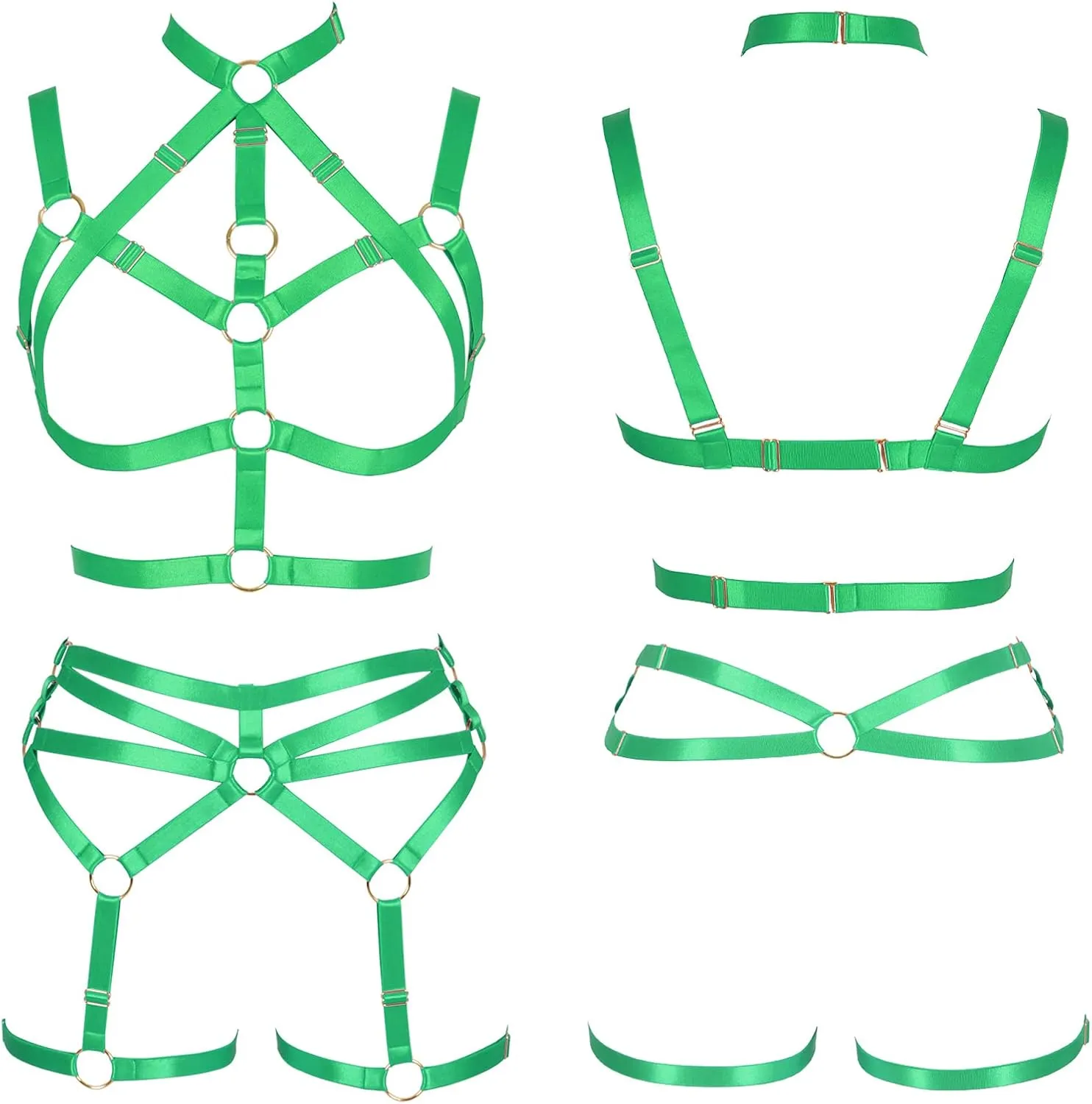 Women's Body Harness Adjustable Size Punk Gothic Bra Full Cage Garter Belt Hollow Out Belt Set Halloween Festival Rave