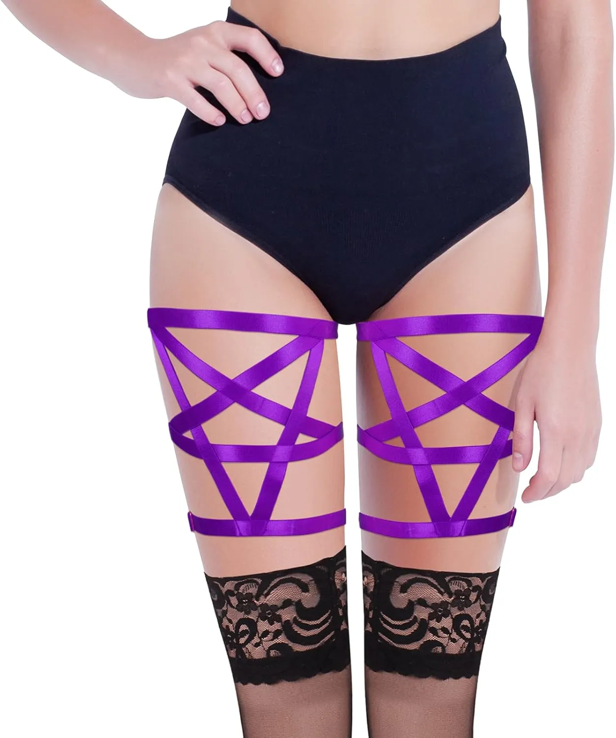 Women's Body Harness Pentagram Star Leg Loop Suspender Belt Thigh Cage Garter Belt Punk Goth Carnival Dance Costume