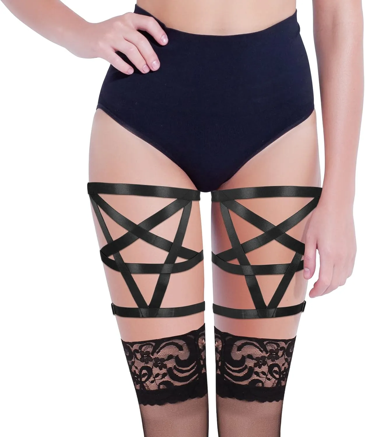 Women's Body Harness Pentagram Star Leg Loop Suspender Belt Thigh Cage Garter Belt Punk Goth Carnival Dance Costume