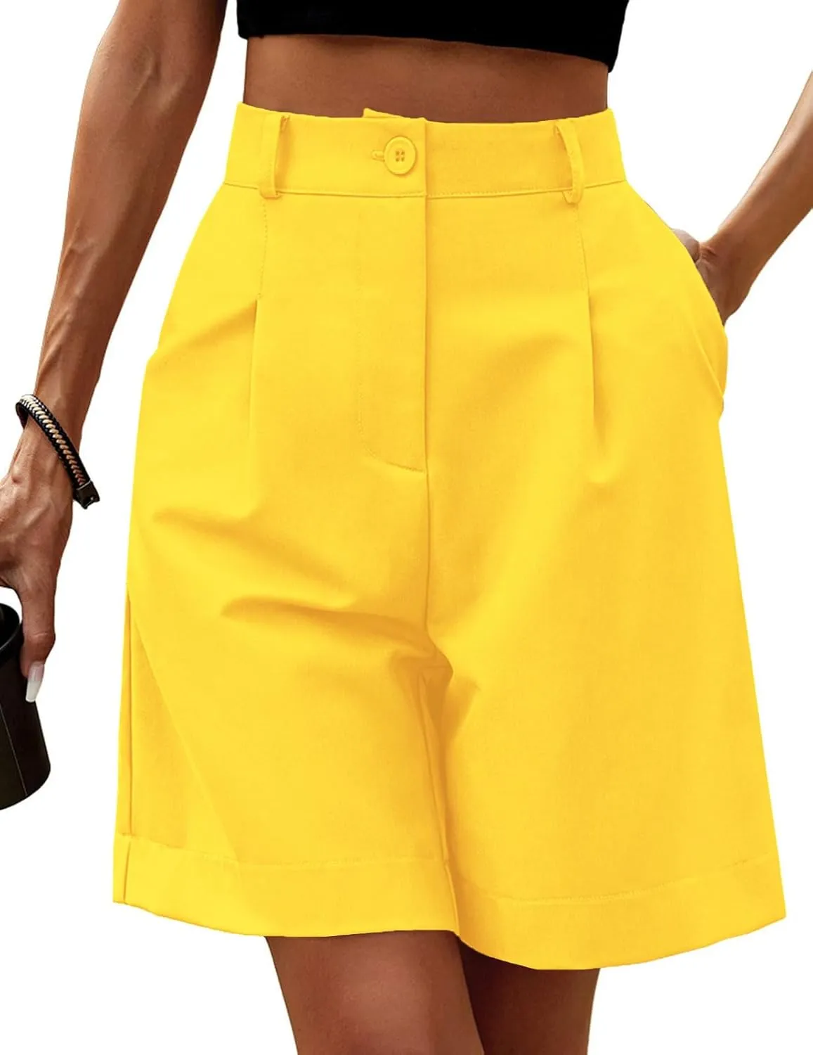 Women's Casual Bermuda Shorts Elastic Waist Wide Leg Knee Length Summer Shorts with Pockets