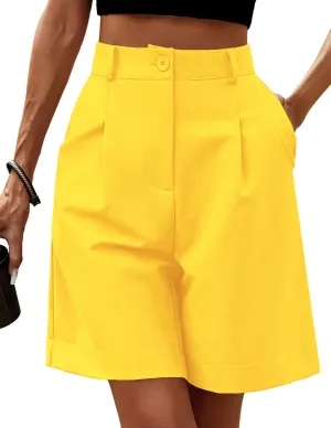 Women's Casual Bermuda Shorts Elastic Waist Wide Leg Knee Length Summer Shorts with Pockets