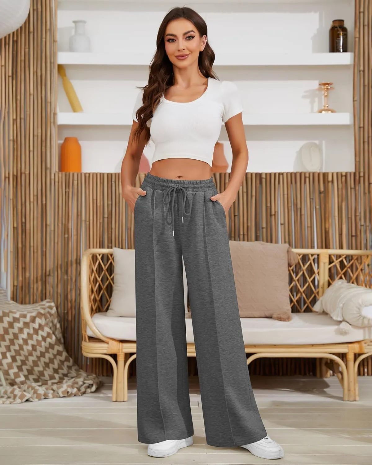 Women's Casual Loose Drawstring Elastic Waist Wide Leg Lounge Pants Lightweight Baggy Sweatpants Joggers with Pockets
