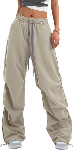 Women's Casual Parachute Pants Baggy Hiking Pants Drawstring Elastic Waist Track Y2K Trousers