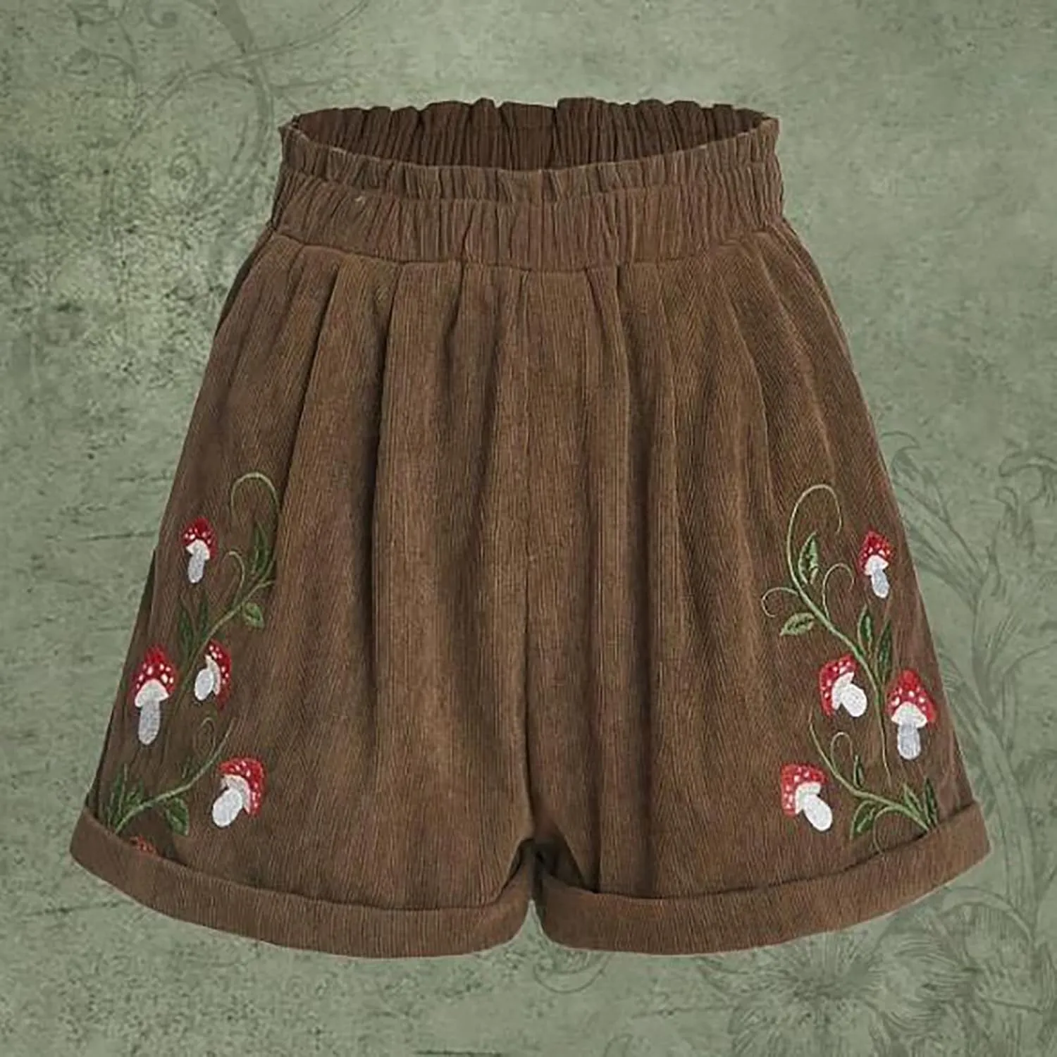 Women's Corduroy Comfy Plants Embroidery Shorts Elastic Waist Straight Leg Casual Beach Shorts for Women