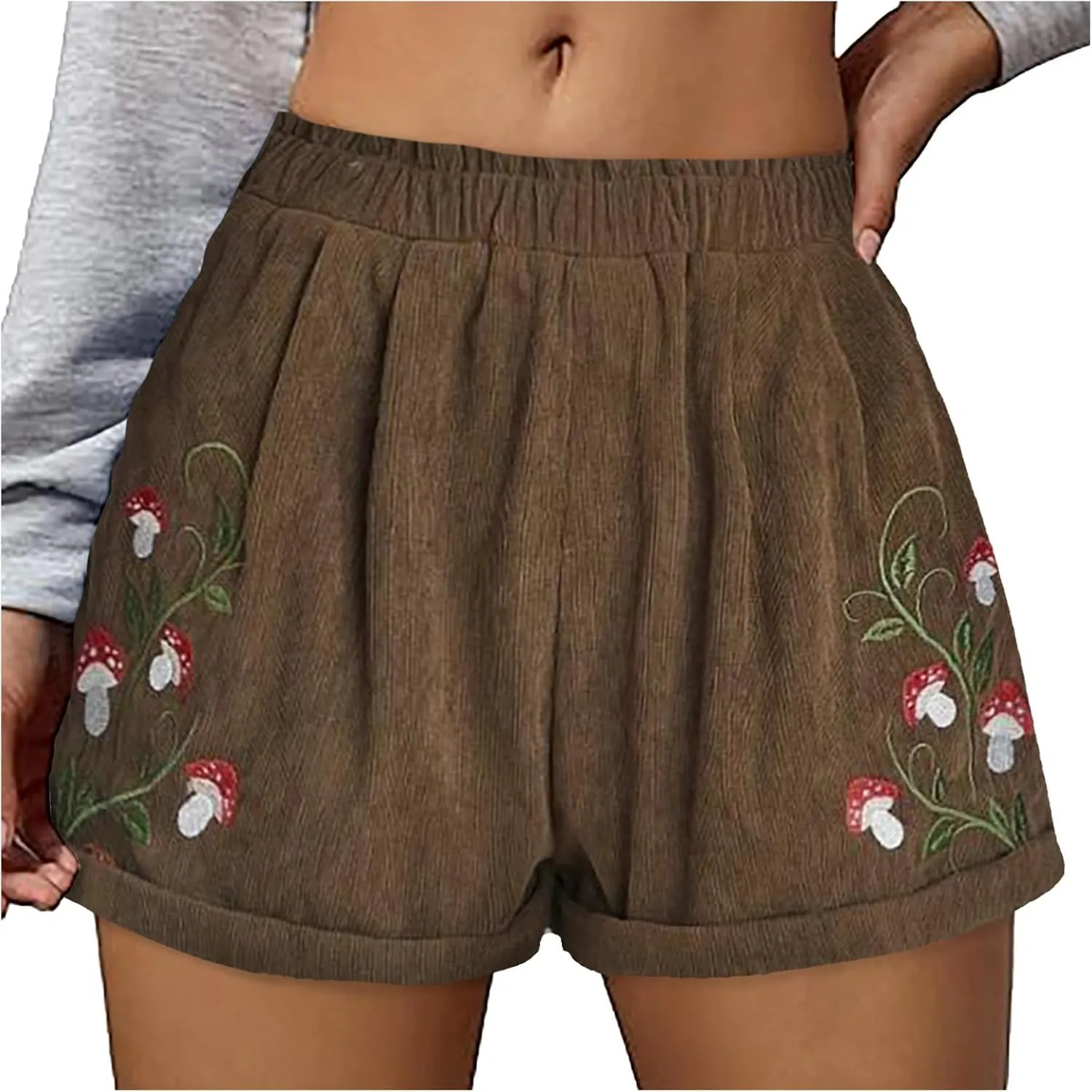Women's Corduroy Comfy Plants Embroidery Shorts Elastic Waist Straight Leg Casual Beach Shorts for Women