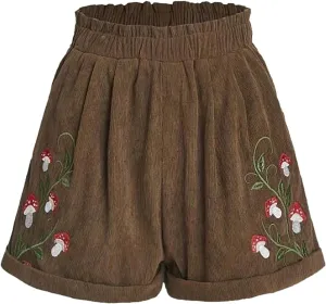 Women's Corduroy Comfy Plants Embroidery Shorts Elastic Waist Straight Leg Casual Beach Shorts for Women