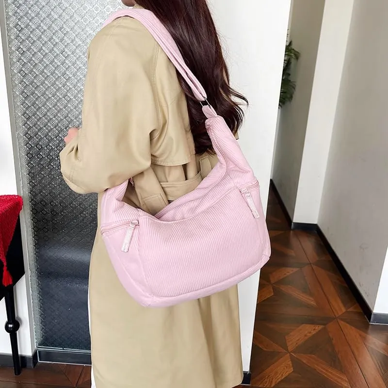 Women's Corduroy Crossbody Bags Casual Zipper Tote Handbags Sling Purse Crescent Shoulder Bag Satchel Work Gym