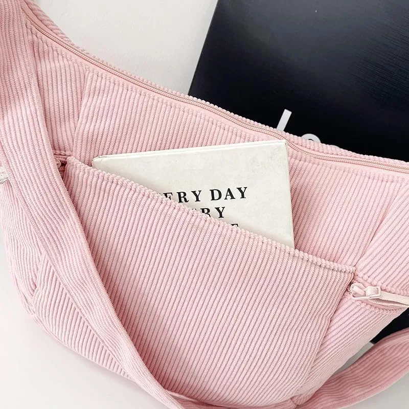 Women's Corduroy Crossbody Bags Casual Zipper Tote Handbags Sling Purse Crescent Shoulder Bag Satchel Work Gym