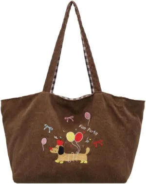 Womens Corduroy Tote Bag Vintage Cartoon Shoulder Bag Large Carryall Bag Top Handle Hobo Handbag Slouchy Tote for Gym Travel
