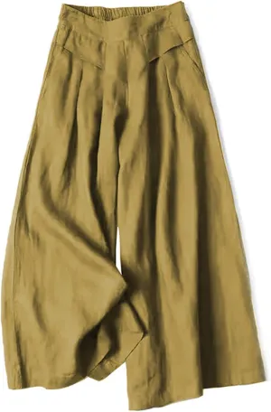 Womens Cotton Linen Palazzo Pants Casual High Elastic Waist Wide Leg Pants Summer Comfortable Flowy Pant