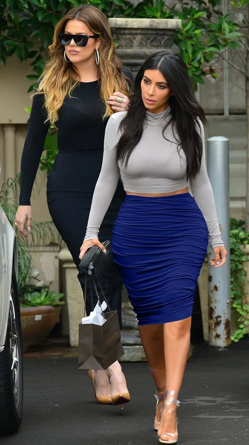 Women's Elastic High Waist Ruched Bodycon Stretch Elegant Pencil Midi Skirt