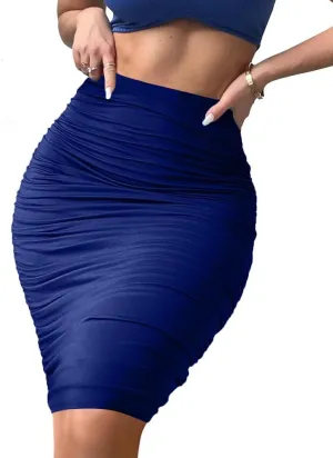 Women's Elastic High Waist Ruched Bodycon Stretch Elegant Pencil Midi Skirt