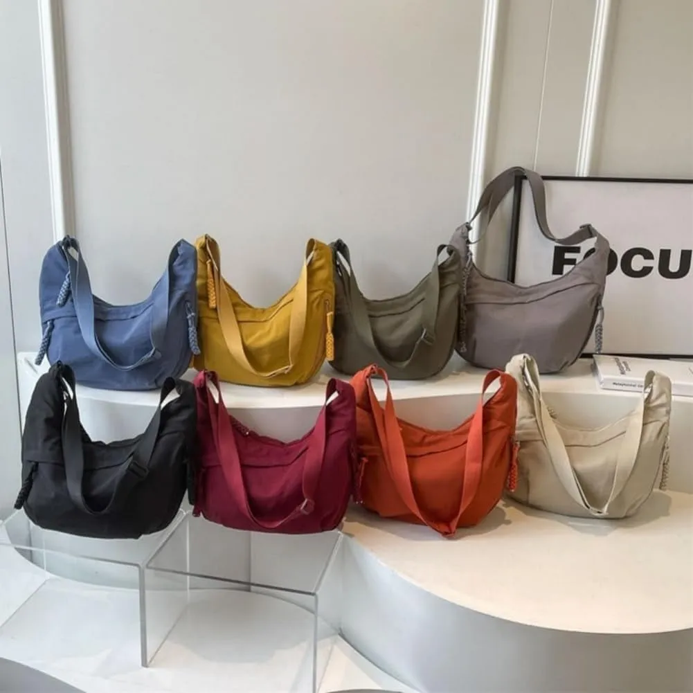 Women's Fashion Plain Color Nylon Crossbody Hobo Bag, Slouchy Sling Bag for Women Men