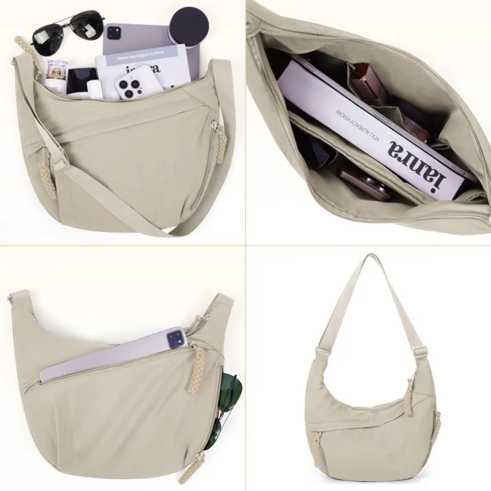 Women's Fashion Plain Color Nylon Crossbody Hobo Bag, Slouchy Sling Bag for Women Men