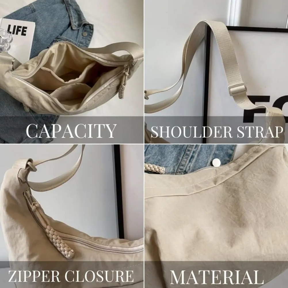 Women's Fashion Plain Color Nylon Crossbody Hobo Bag, Slouchy Sling Bag for Women Men