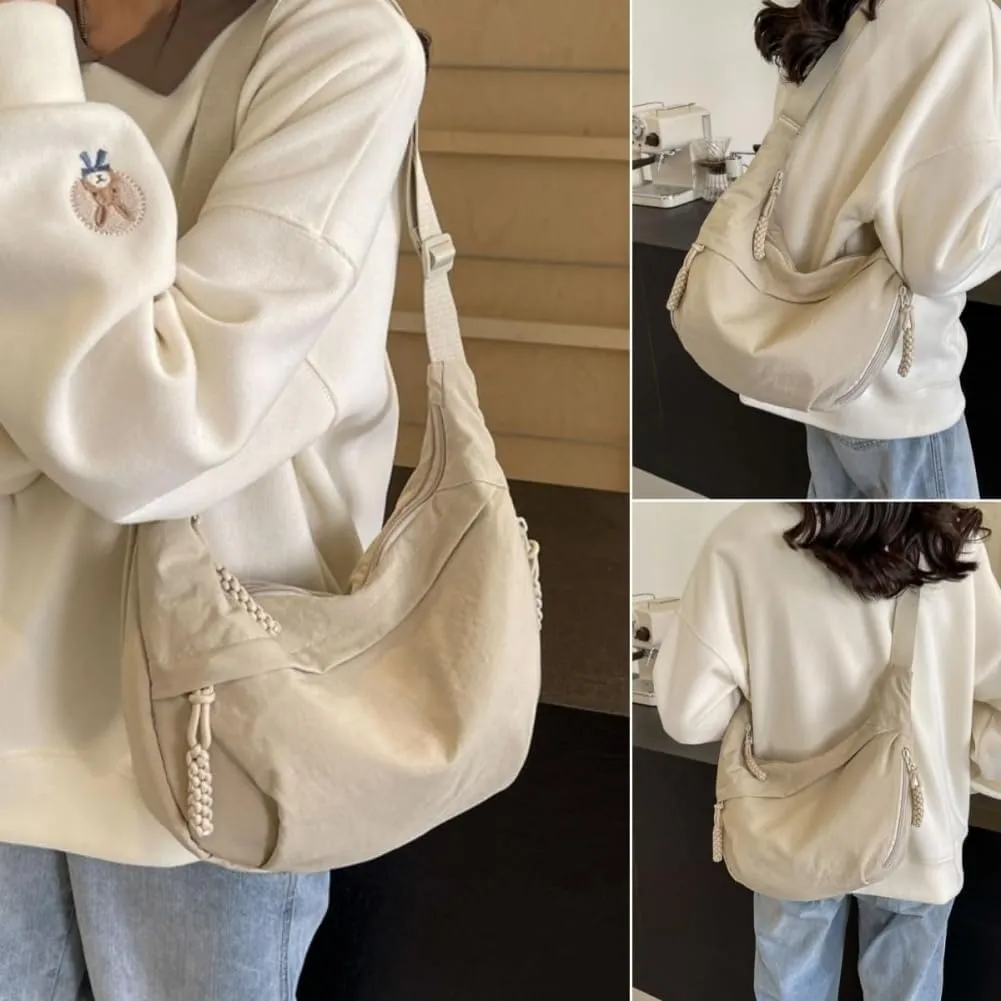 Women's Fashion Plain Color Nylon Crossbody Hobo Bag, Slouchy Sling Bag for Women Men