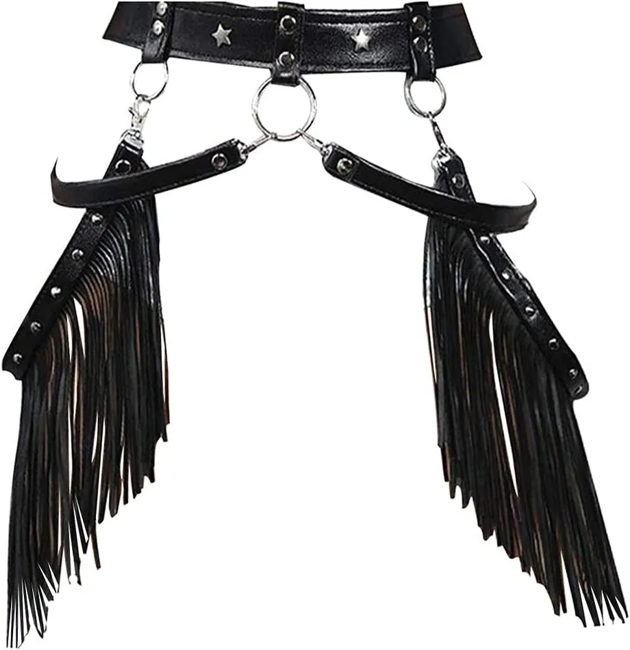 Women’s Gothic Leather Tassel Body Leg Harness Garter Waist Belt Fringe Skirt for Music Festival Dance Party
