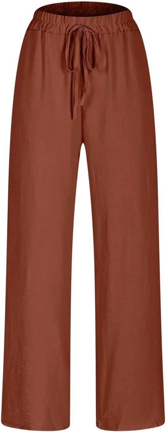 Women's High Waist Elastic Waist Lounge Pant Solid Color Cotton Linen Casual Pant Lightweight Thin Beach Trousers