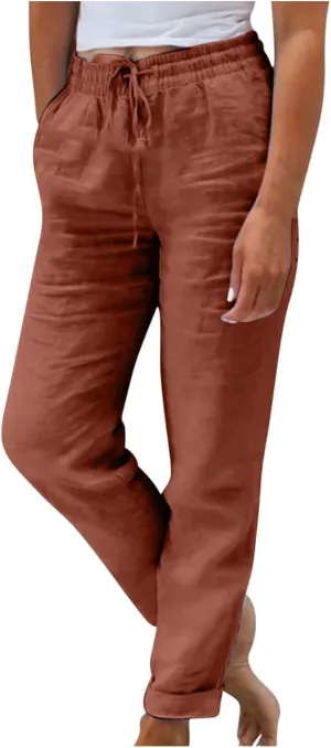 Women's High Waist Elastic Waist Lounge Pant Solid Color Cotton Linen Casual Pant Lightweight Thin Beach Trousers