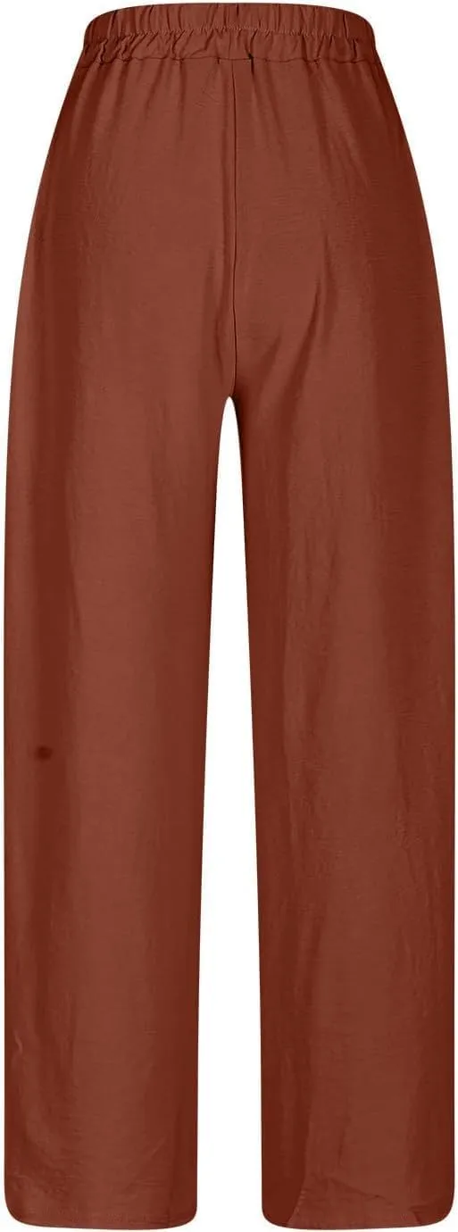 Women's High Waist Elastic Waist Lounge Pant Solid Color Cotton Linen Casual Pant Lightweight Thin Beach Trousers