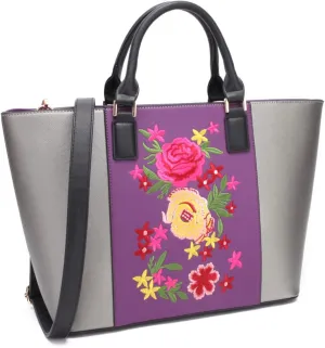 Womens Large Floral Embroidery Tote Handbag Two Tone Top Handle Bag Work Satchel Purse