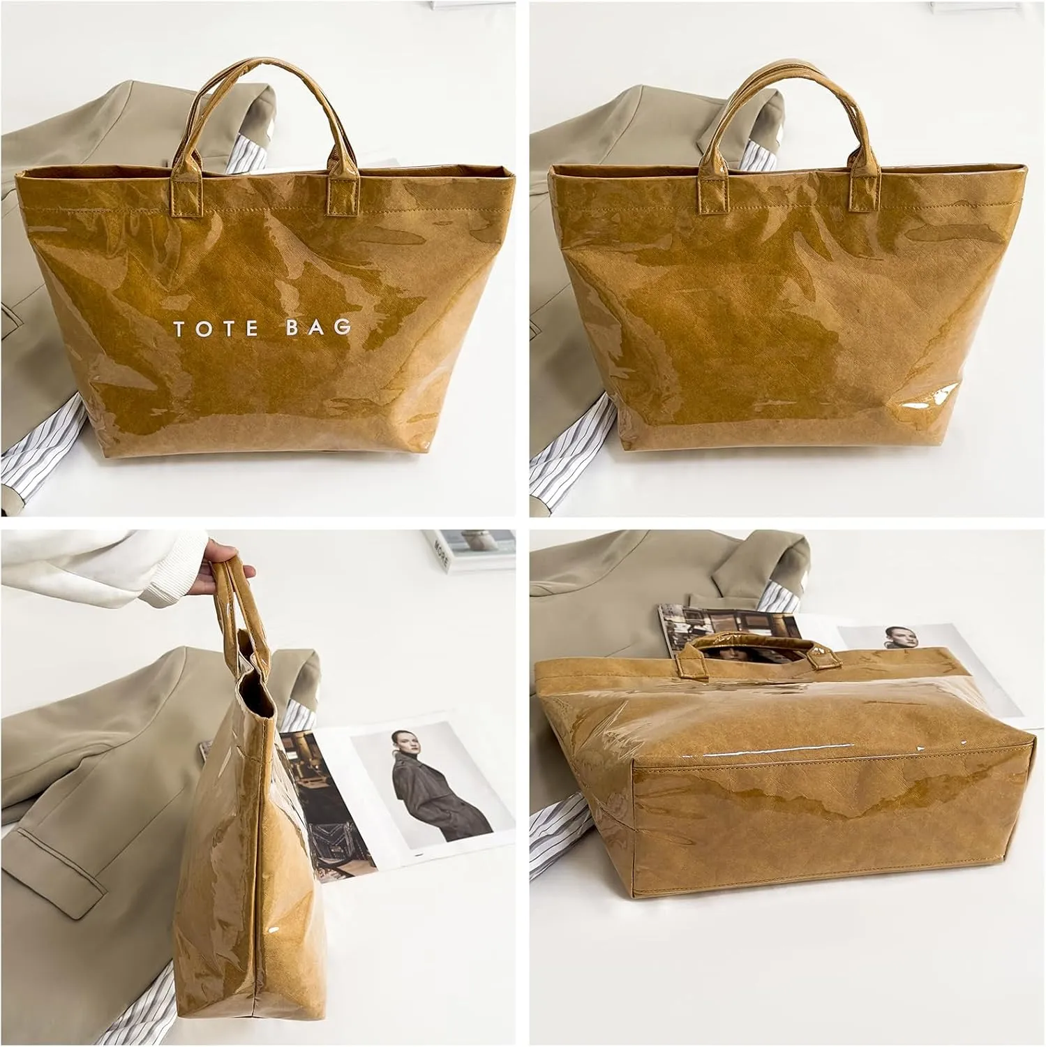 Women's Large PVC Tote Bag Letters Print Handbags Kraft Paper Shoulder Bag Clear Shopping Hobo Bag