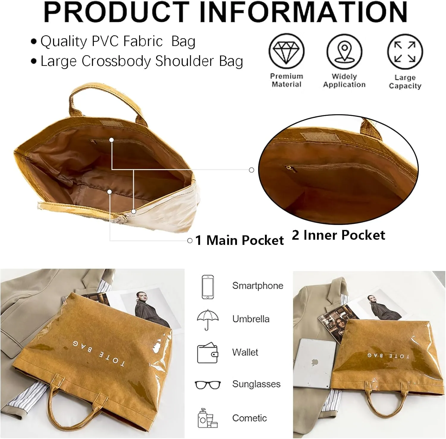 Women's Large PVC Tote Bag Letters Print Handbags Kraft Paper Shoulder Bag Clear Shopping Hobo Bag