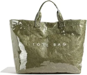 Women's Large PVC Tote Bag Letters Print Plastic Handbags Kraft Paper Clear Shopping Work Shoulder Hobo Bag