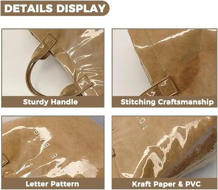 Women's Large PVC Tote Bag Letters Print Plastic Handbags Kraft Paper Clear Shopping Work Shoulder Hobo Bag