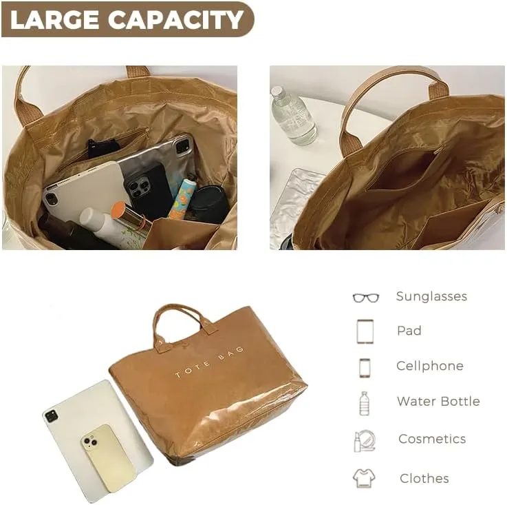 Women's Large PVC Tote Bag Letters Print Plastic Handbags Kraft Paper Clear Shopping Work Shoulder Hobo Bag