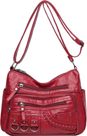 Womens Leather Handbag Multi-Pocket Crossbody Bag Waterproof Hobo Shoulder Bag with Adjustable Shoulder Strap