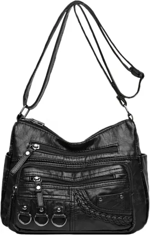 Womens Leather Handbag Multi-Pocket Crossbody Bag Waterproof Hobo Shoulder Bag with Adjustable Shoulder Strap