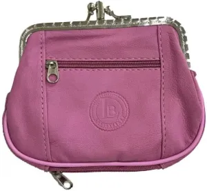 Women's Leather Metal Frame Double Clasp Zipper Coin Purse 5 1/4" x 3 1/4" (Pink)