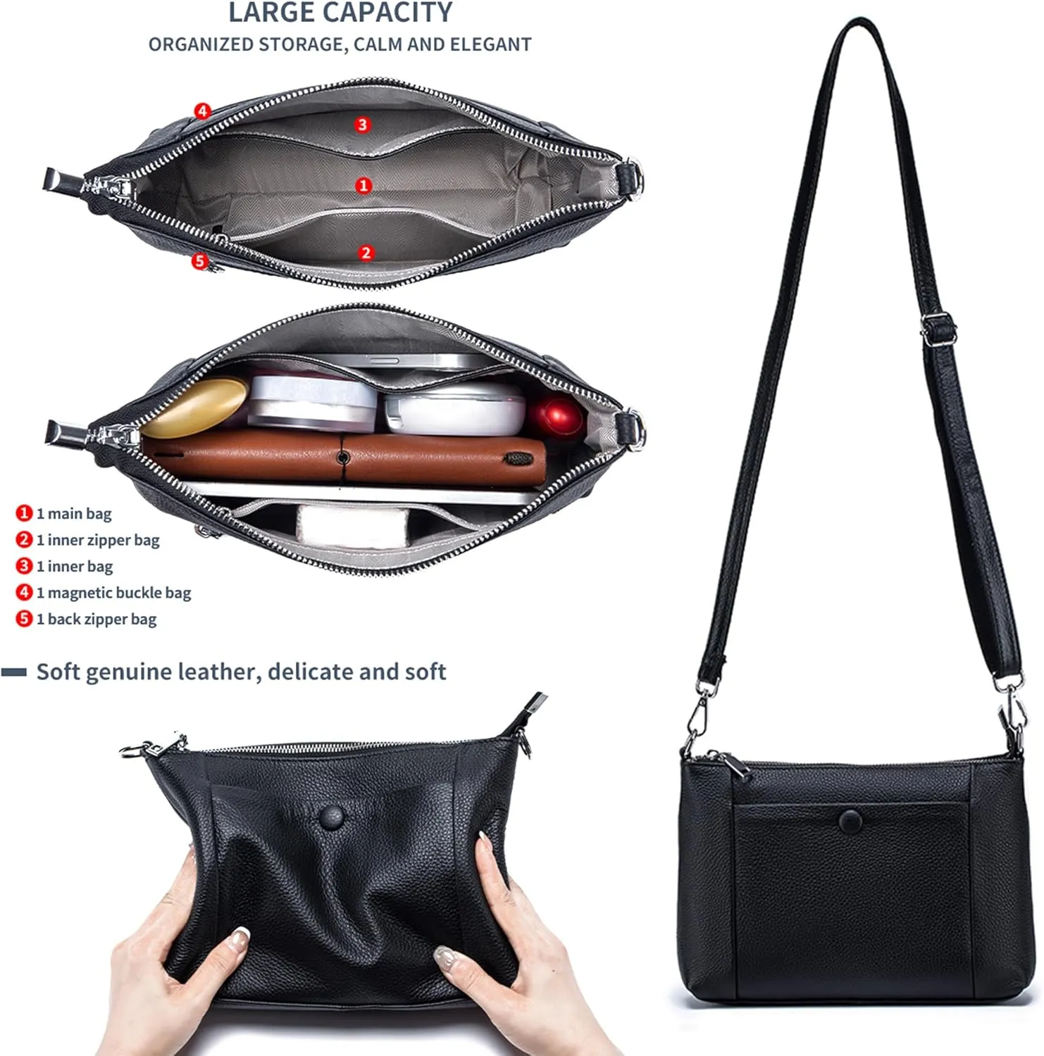 Women's Leather Satchel, Shoulder Bag for Women, Soft Genuine Leather Crossbody Purses with Zipper Closure