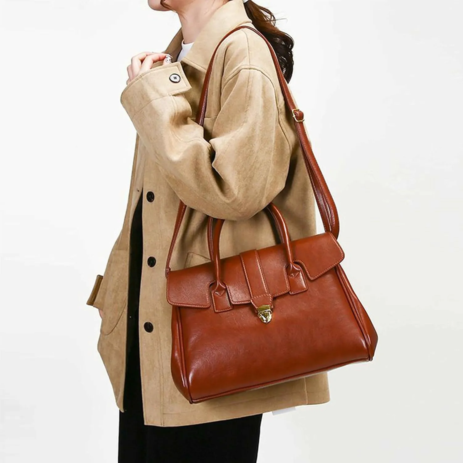 Women’s Leather Satchel Tote Bag, Large Top Handle Handbag, Trendy Work Bag, Doctor Bag Purse