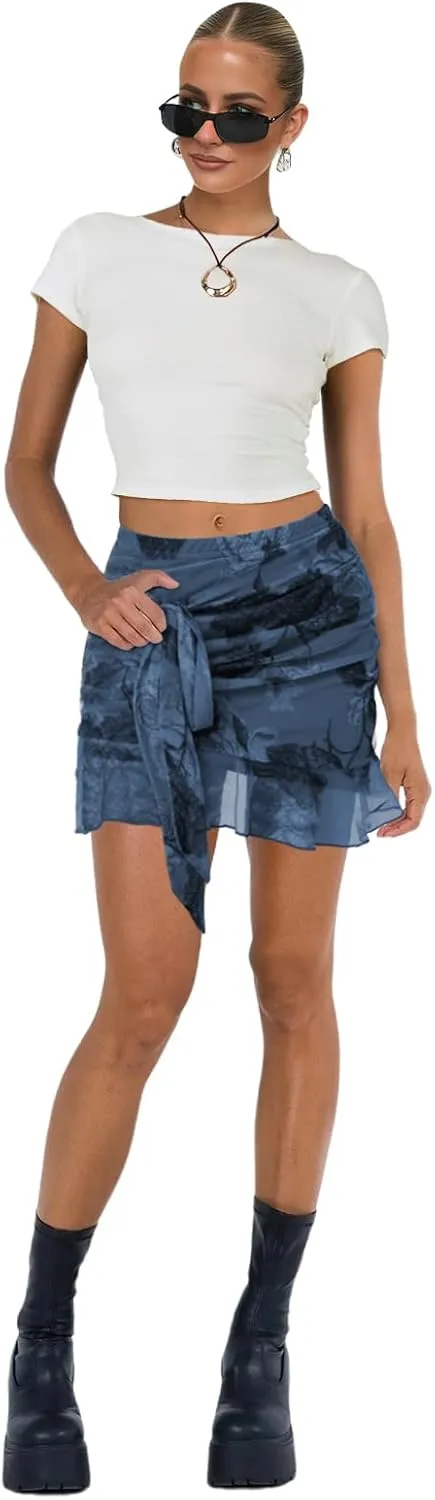 Women's Mesh Mini Skirt Tie High Waist Summer Floral Print Ruched Ruffle Short Skirts