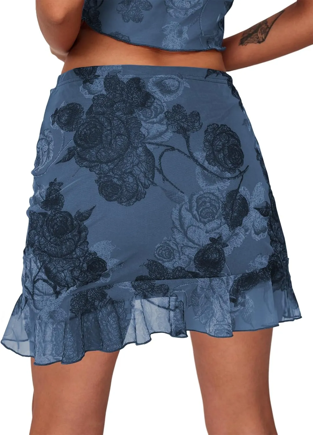 Women's Mesh Mini Skirt Tie High Waist Summer Floral Print Ruched Ruffle Short Skirts