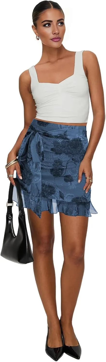 Women's Mesh Mini Skirt Tie High Waist Summer Floral Print Ruched Ruffle Short Skirts